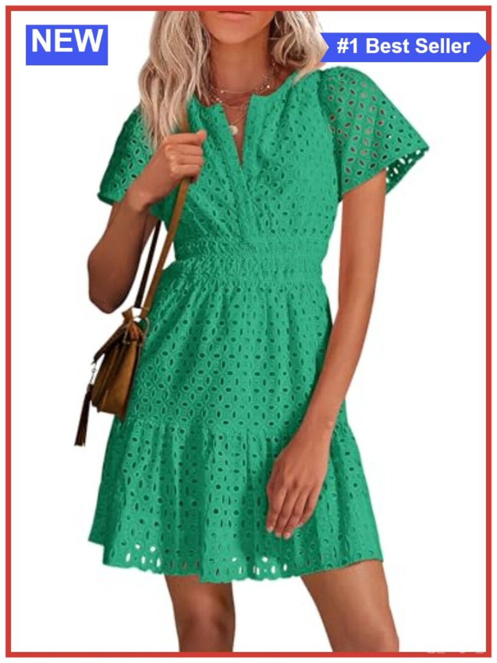 Eyelet Lace Mini Dress Short Sleeve V Neck Ruffle Hem Summer Casual